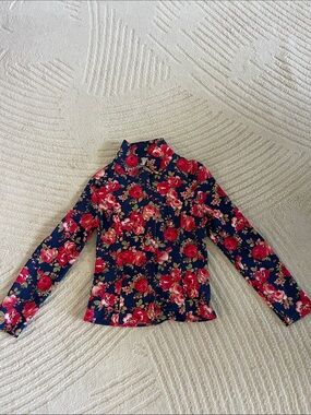 Floral Navy Button-Front Blazer Jacket with Red Rose Print